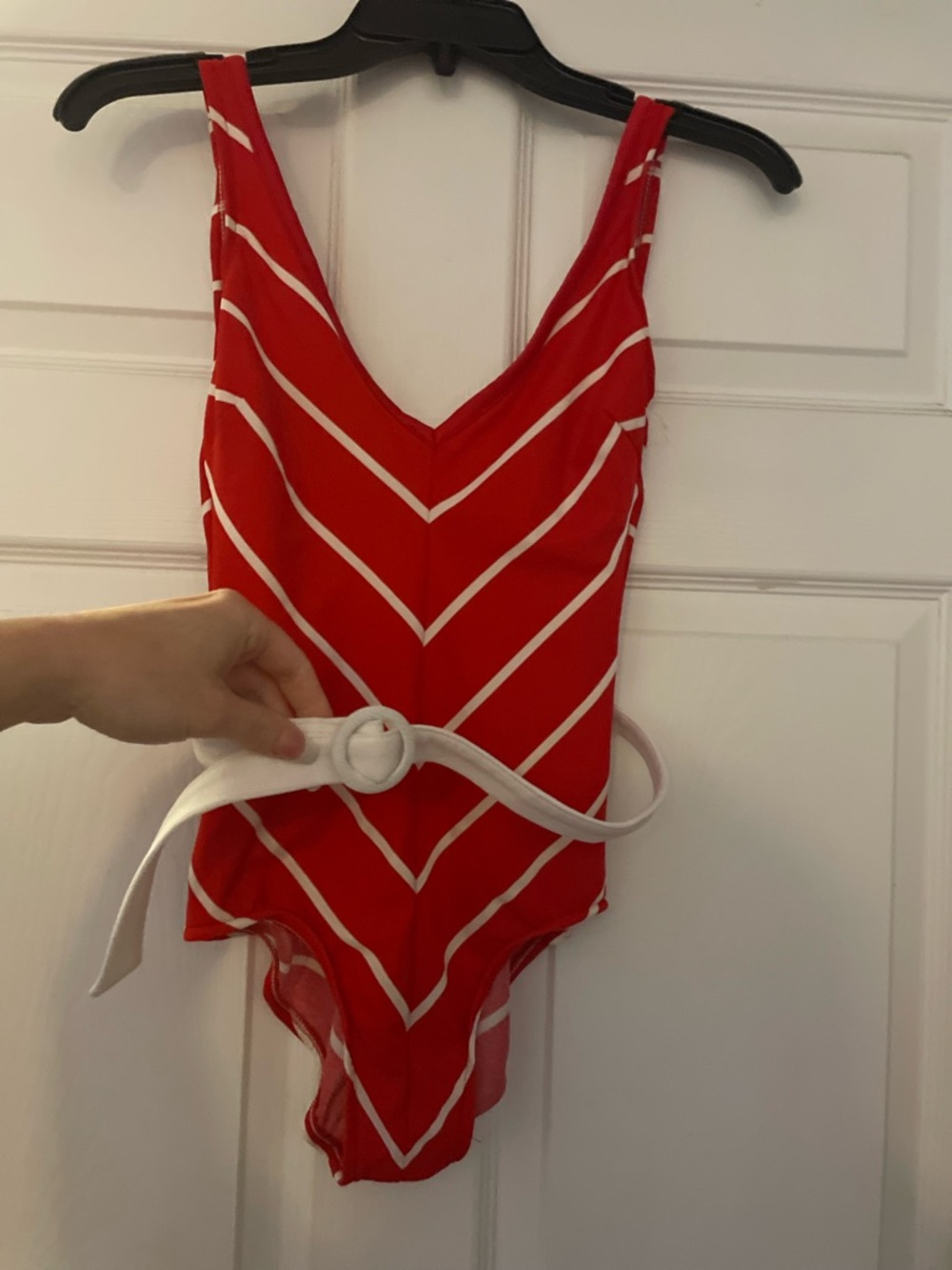 Red Stripe One-Piece Swimsuit with White Belt